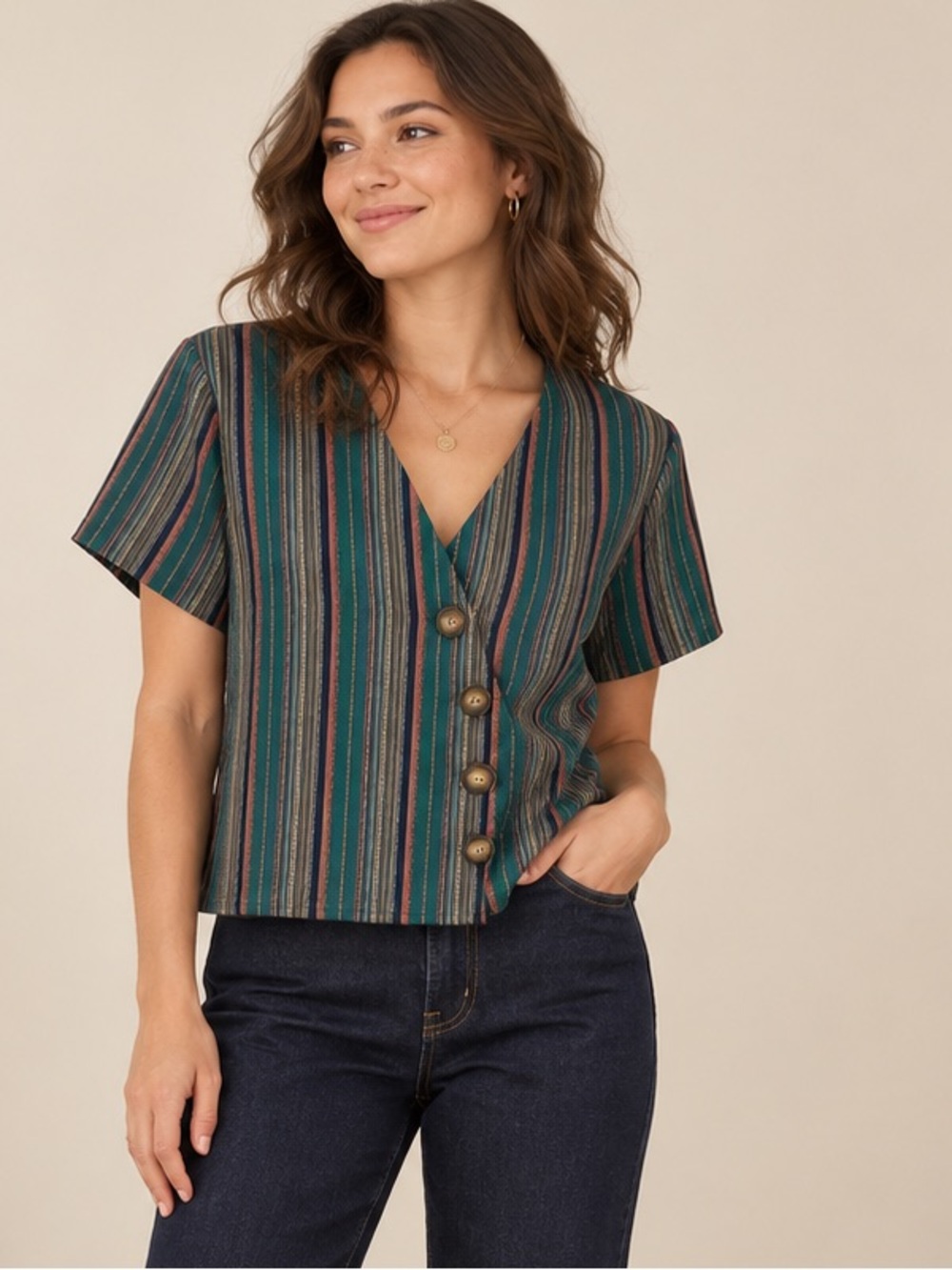 Green Stripe Tapestry Button Front Top Blouse After Market NWOT S/M #1498